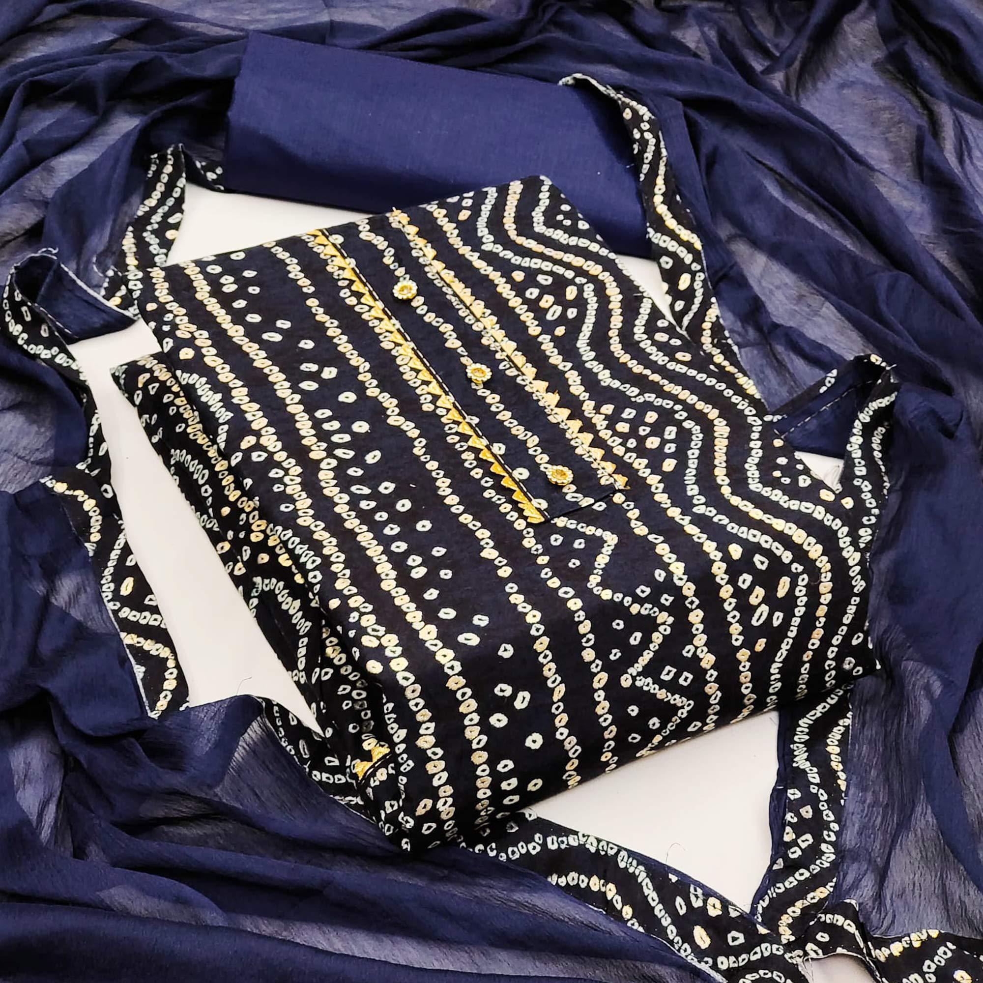 Blue Bandhani Printed Rayon Dress Material - Peachmode
