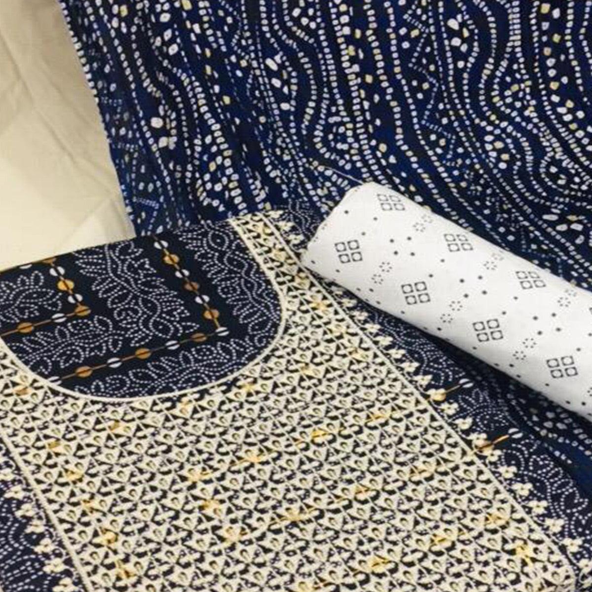 Blue Bandhani Printed With Embellished Cotton Blend Dress Material - Peachmode