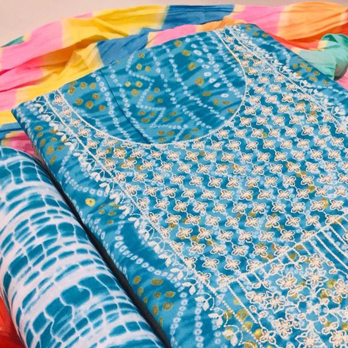 Blue Bandhani Printed With Embellished Cotton Blend Dress Material - Peachmode