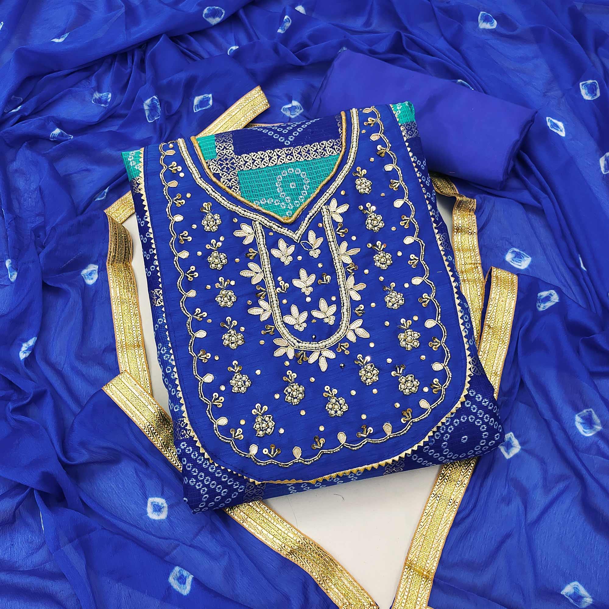 Blue Bandhani Printed With Embellished Khaadi Dress Material - Peachmode