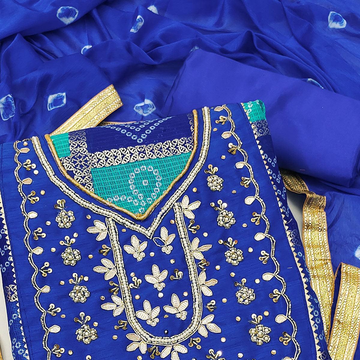 Blue Bandhani Printed With Embellished Khaadi Dress Material - Peachmode