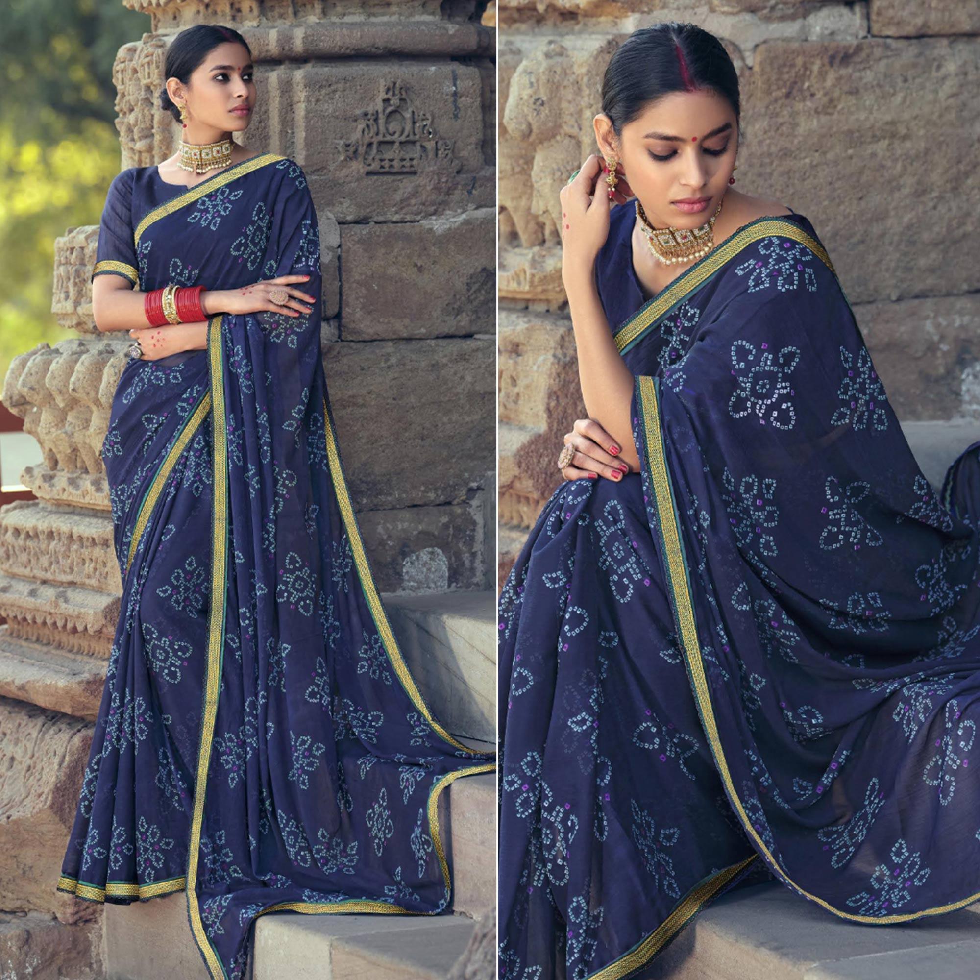 Blue Bandhani Printed With Fancy Border Chiffon Saree - Peachmode