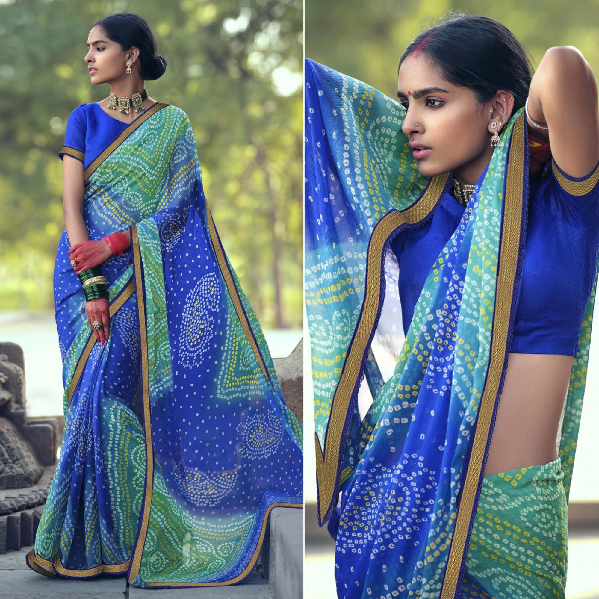 Blue Bandhani Printed With Fancy Border Chiffon Saree - Peachmode