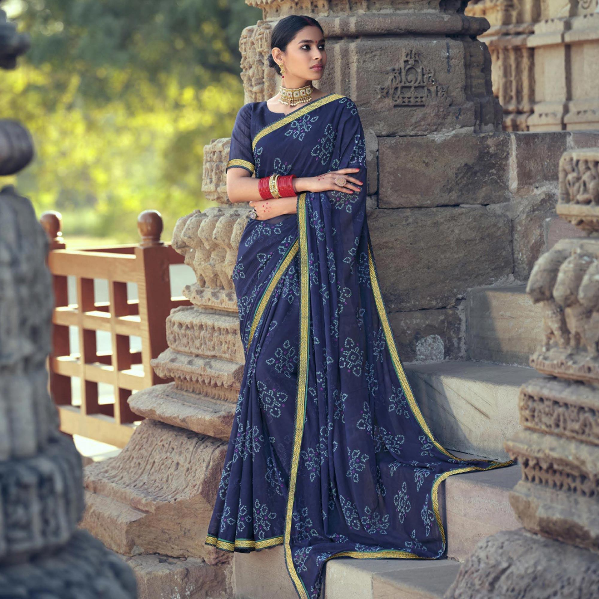 Blue Bandhani Printed With Fancy Border Chiffon Saree - Peachmode