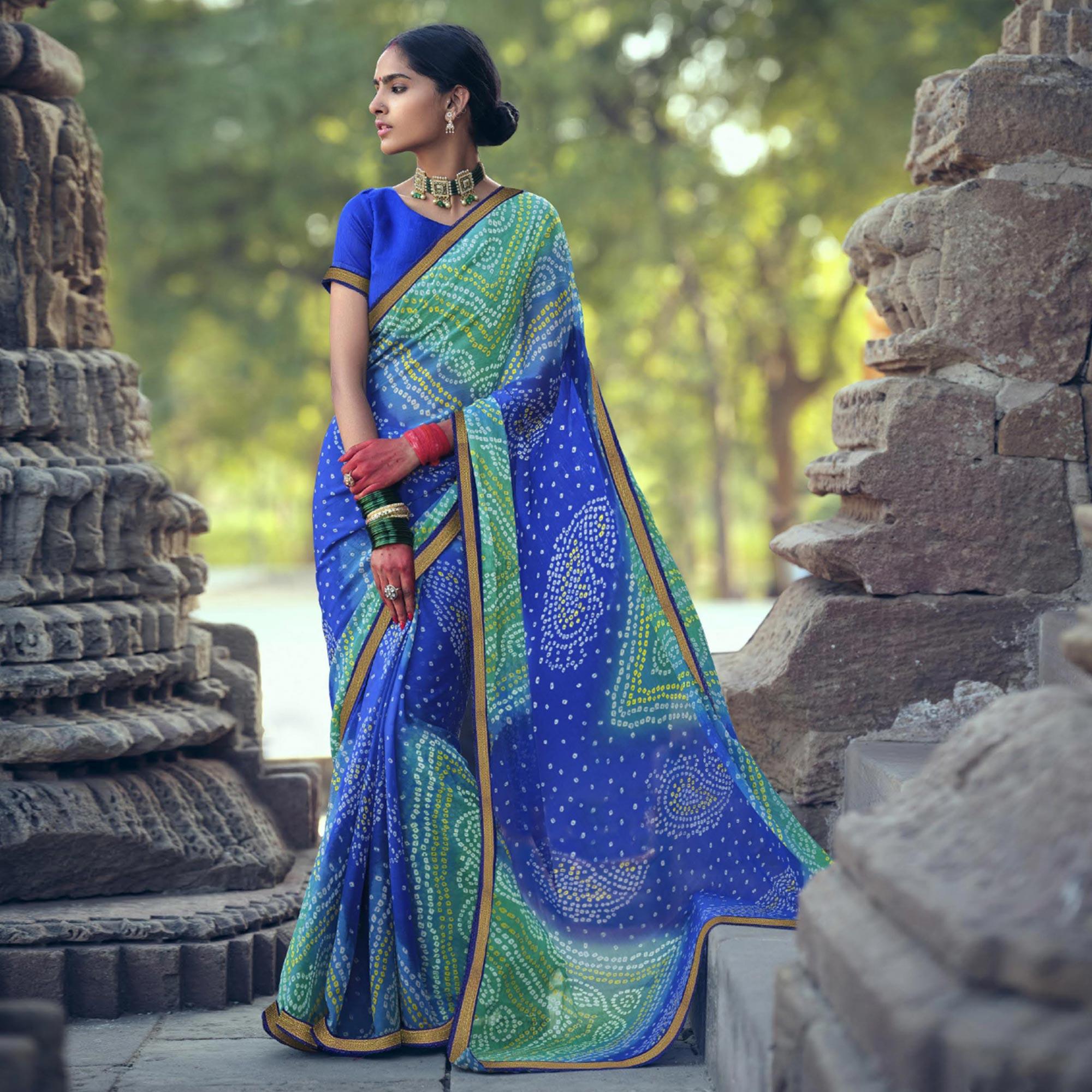 Blue Bandhani Printed With Fancy Border Chiffon Saree - Peachmode