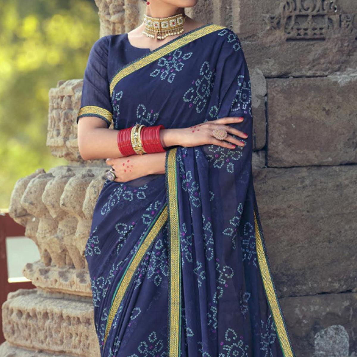 Blue Bandhani Printed With Fancy Border Chiffon Saree - Peachmode