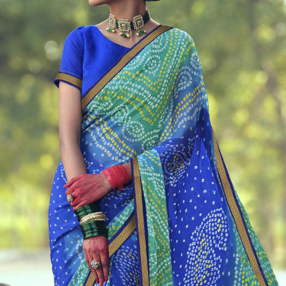 Blue Bandhani Printed With Fancy Border Chiffon Saree - Peachmode