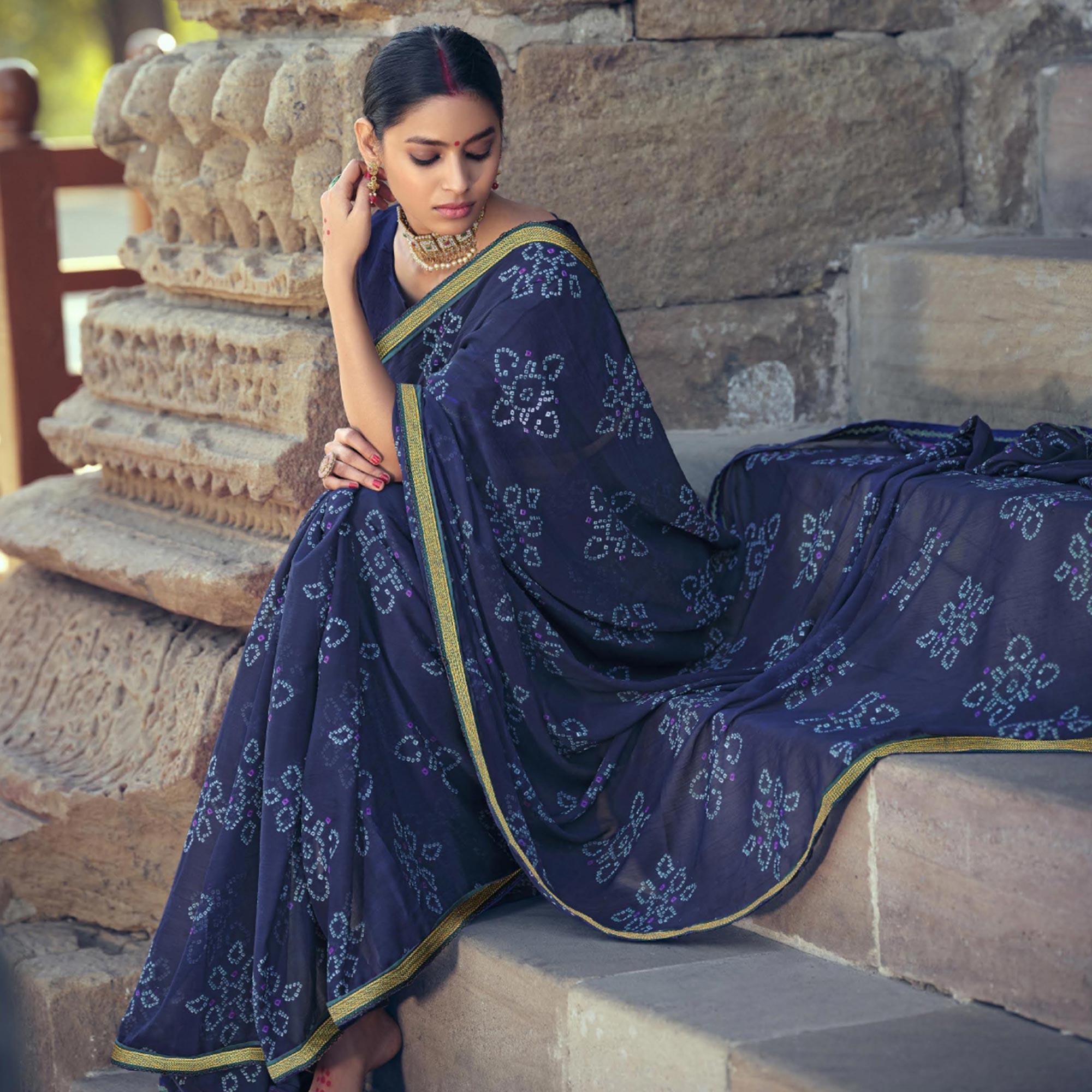 Blue Bandhani Printed With Fancy Border Chiffon Saree - Peachmode