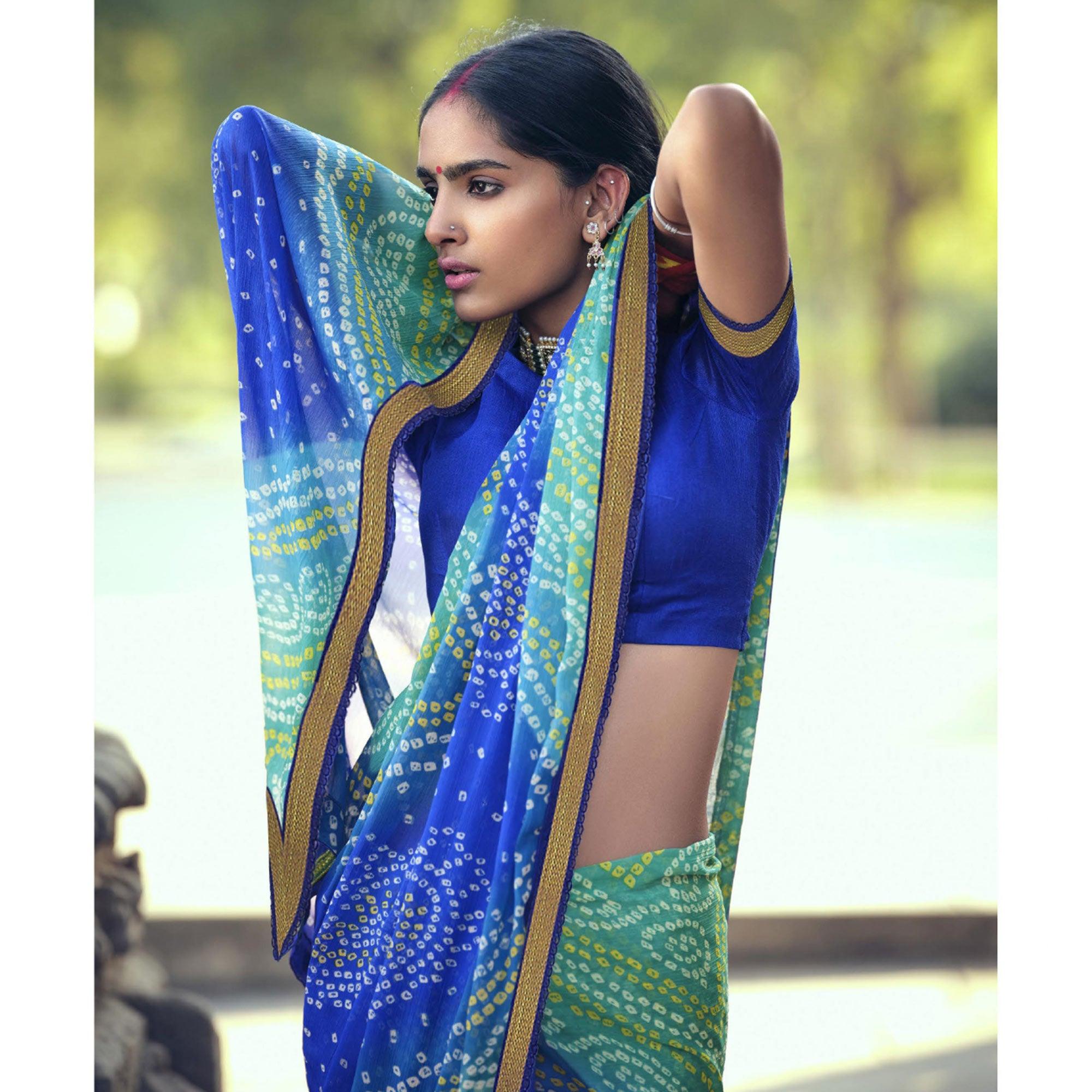 Blue Bandhani Printed With Fancy Border Chiffon Saree - Peachmode