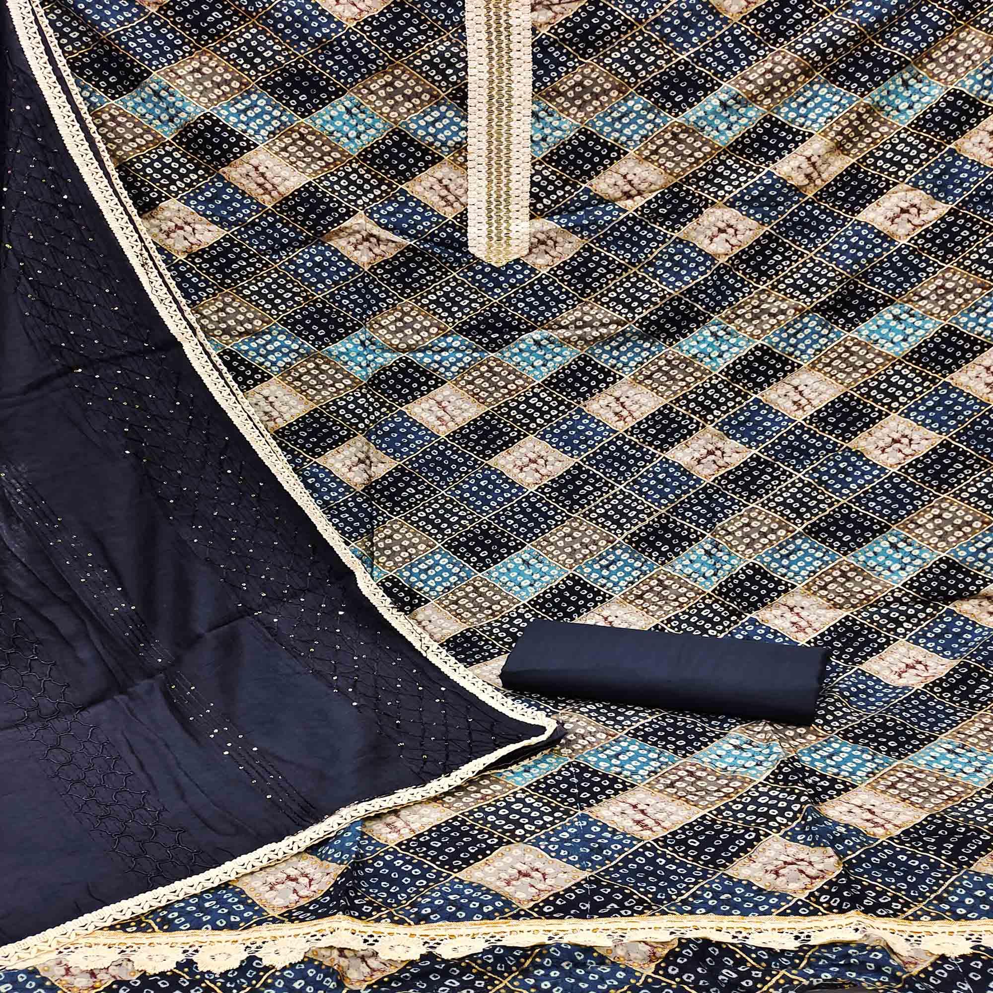 Blue Bandhani Printed With Sequence Work Pure Cotton Dress Material - Peachmode