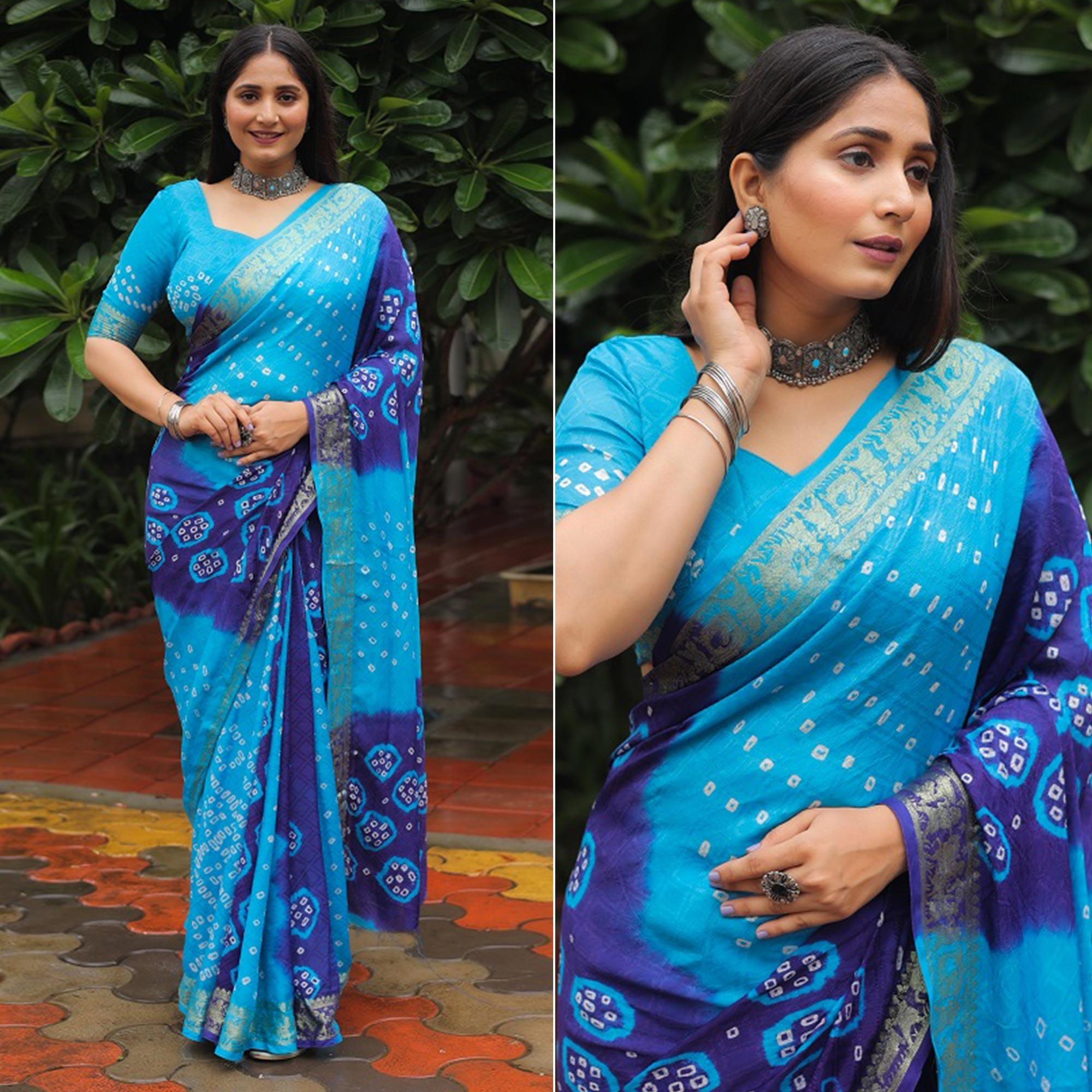 Blue Bandhani Printed With Woven Border Art Silk Saree - Peachmode