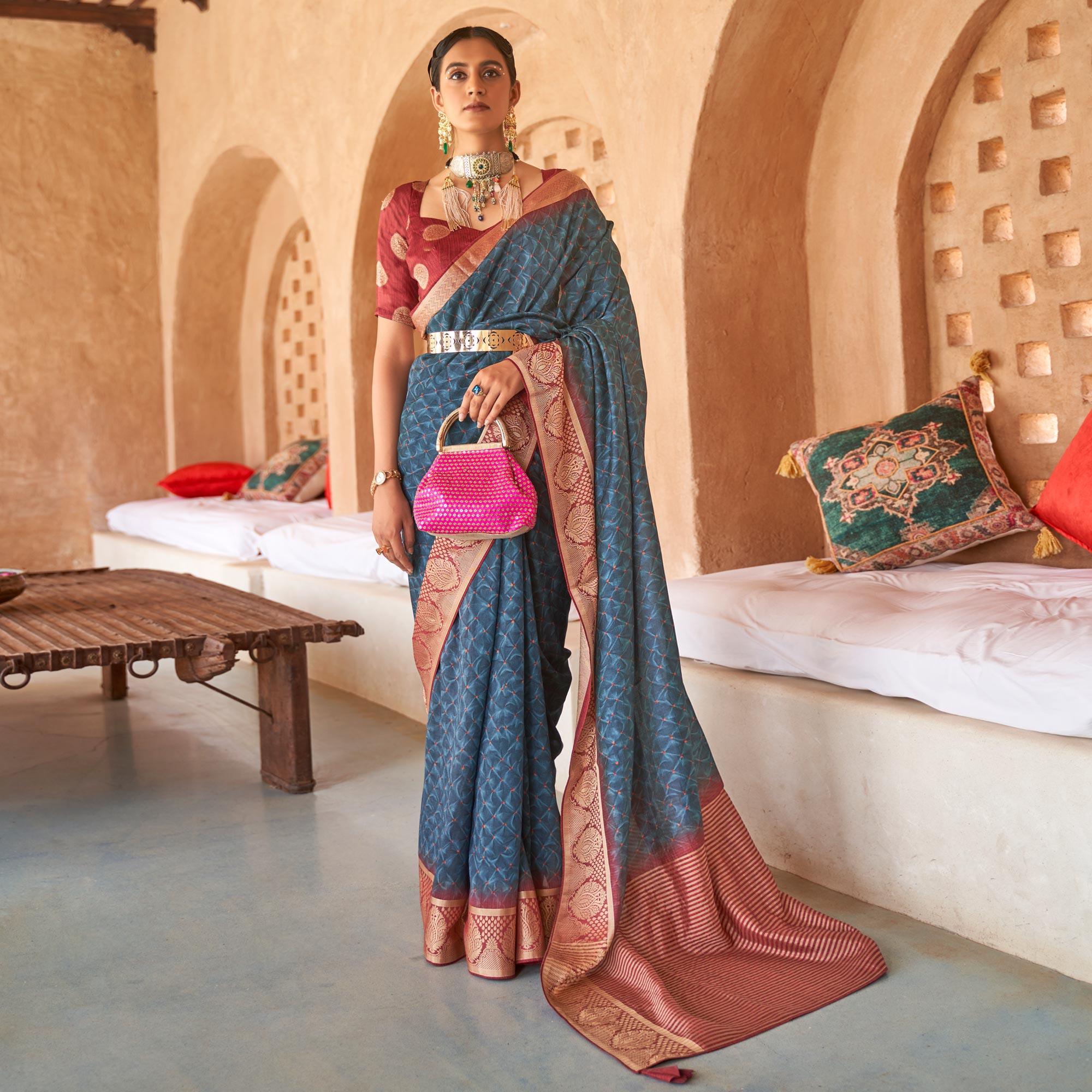 Blue Bandhani Printed With Woven Border Art Silk Saree - Peachmode