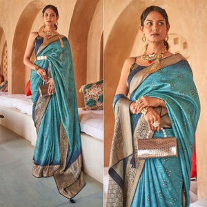 Blue Bandhani Printed With Woven Border Art Silk Saree - Peachmode