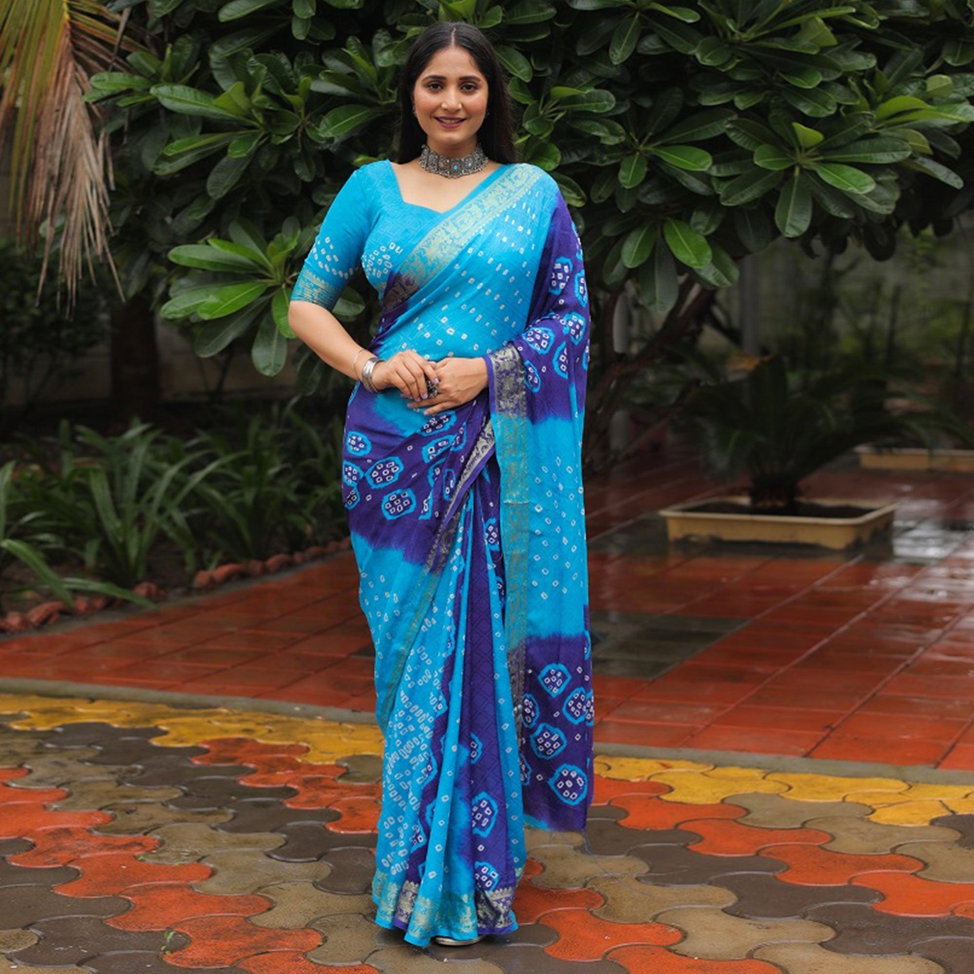 Blue Bandhani Printed With Woven Border Art Silk Saree - Peachmode