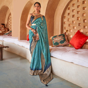 Blue Bandhani Printed With Woven Border Art Silk Saree - Peachmode