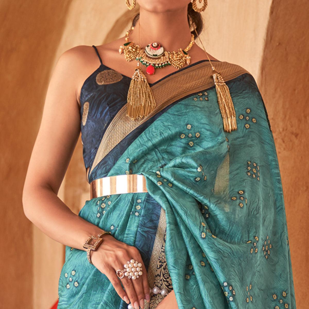 Blue Bandhani Printed With Woven Border Art Silk Saree - Peachmode
