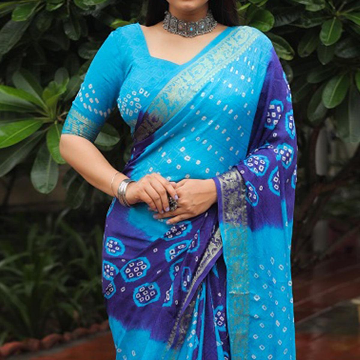 Blue Bandhani Printed With Woven Border Art Silk Saree - Peachmode