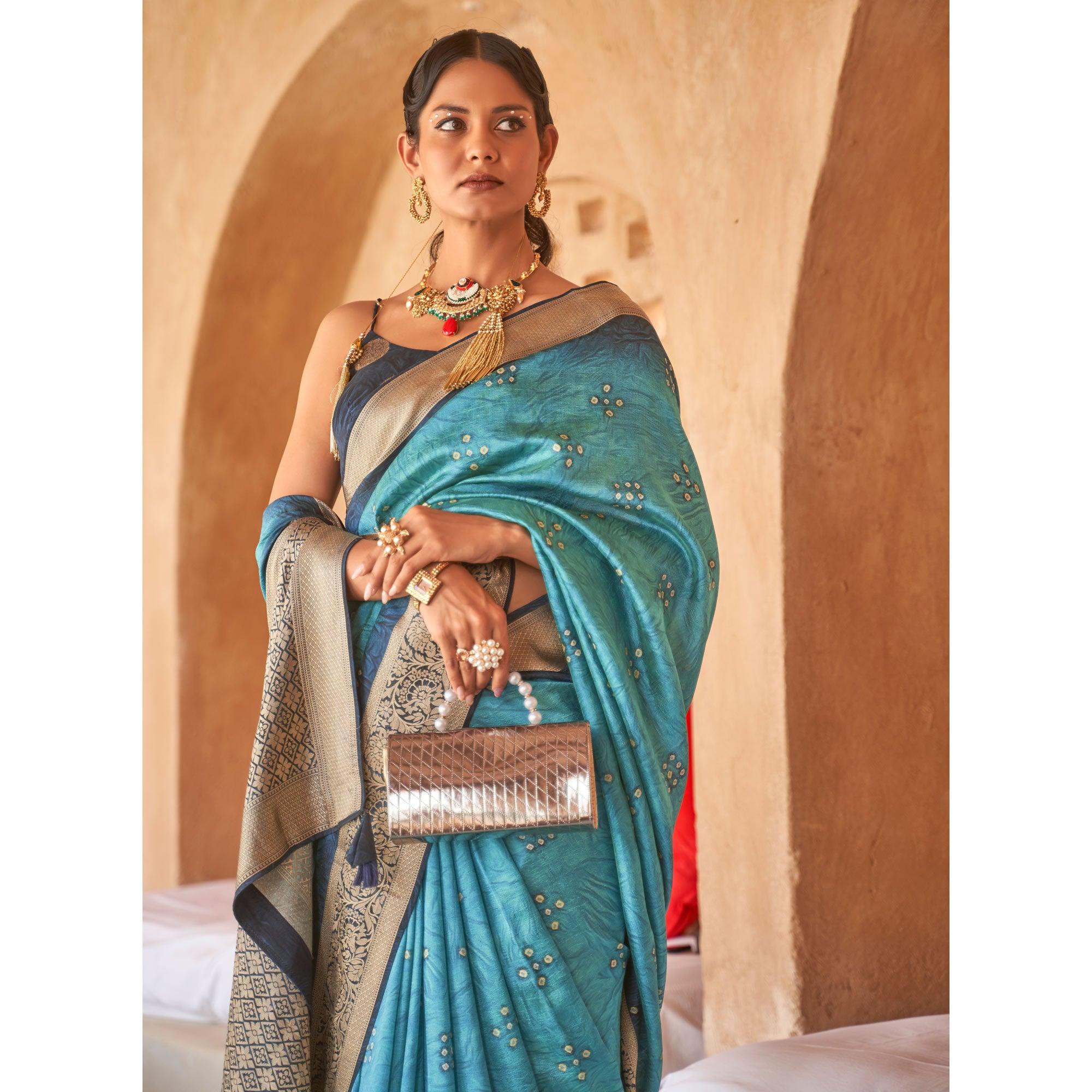 Blue Bandhani Printed With Woven Border Art Silk Saree - Peachmode