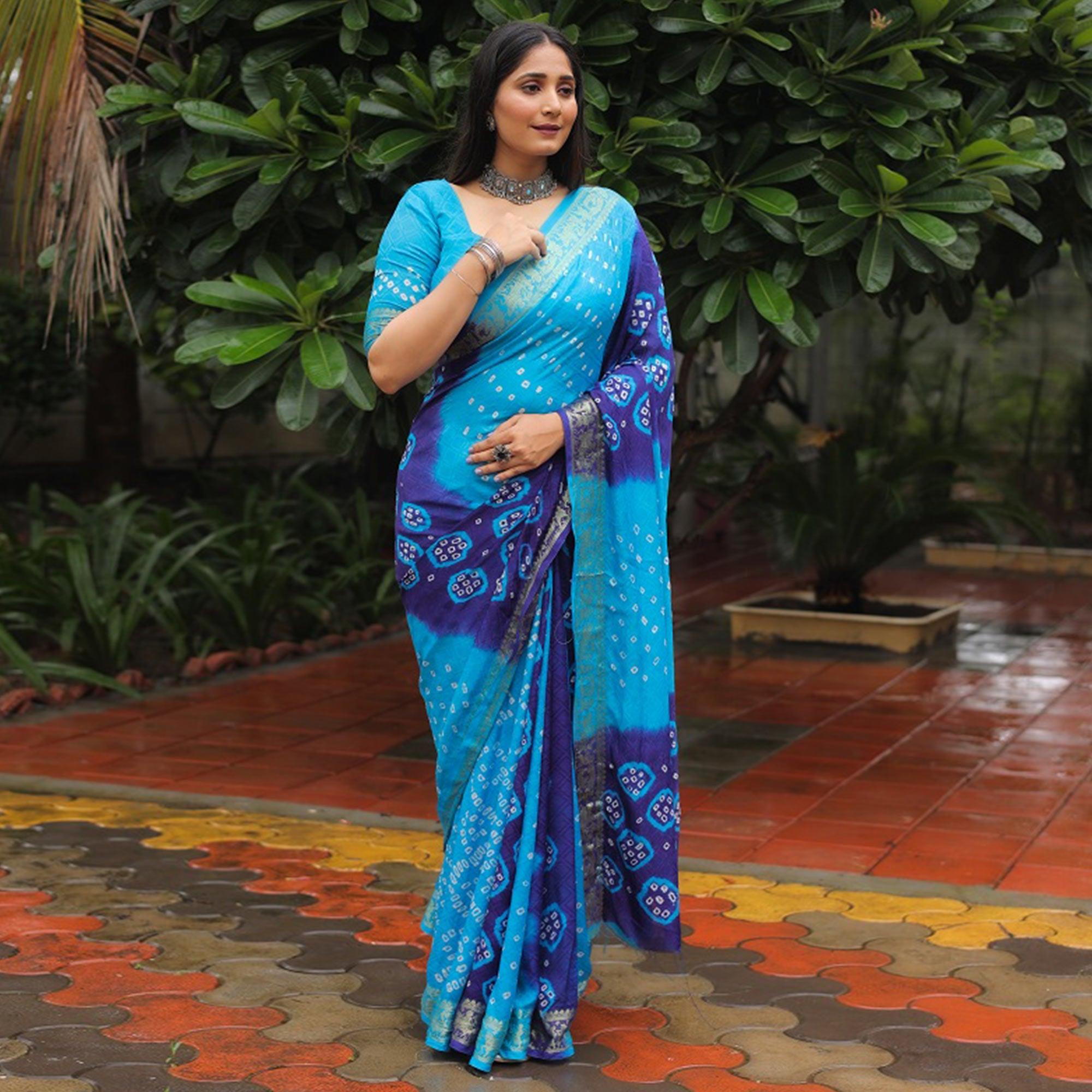 Blue Bandhani Printed With Woven Border Art Silk Saree - Peachmode