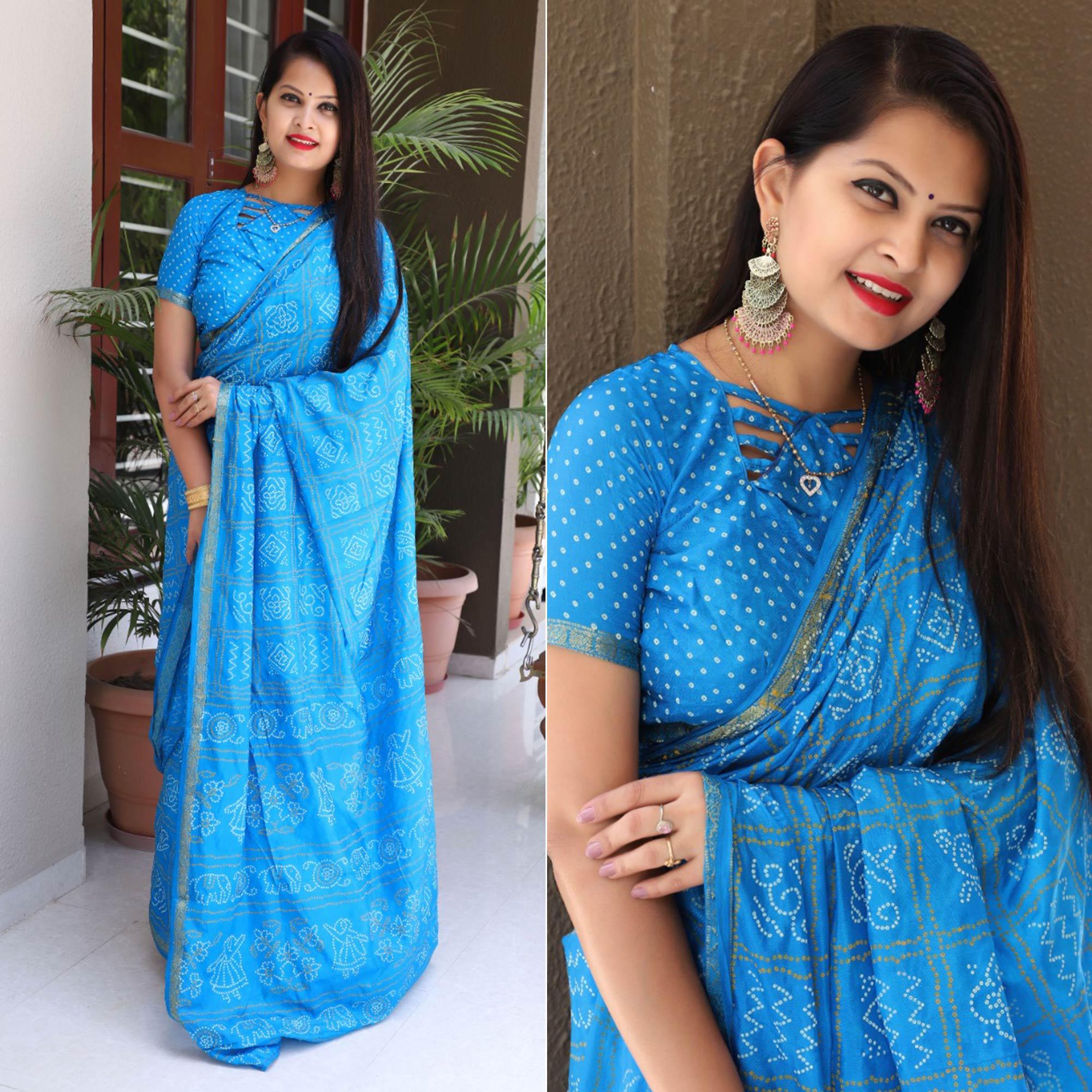 Blue Bandhani Printed With Woven Border Tapetta Silk Saree - Peachmode