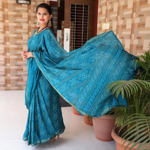 Blue Bandhani Printed With Woven Border Tapetta Silk Saree - Peachmode