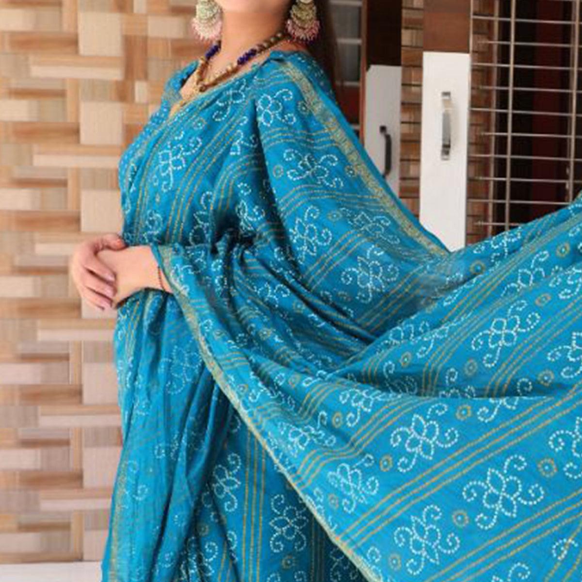 Blue Bandhani Printed With Woven Border Tapetta Silk Saree - Peachmode