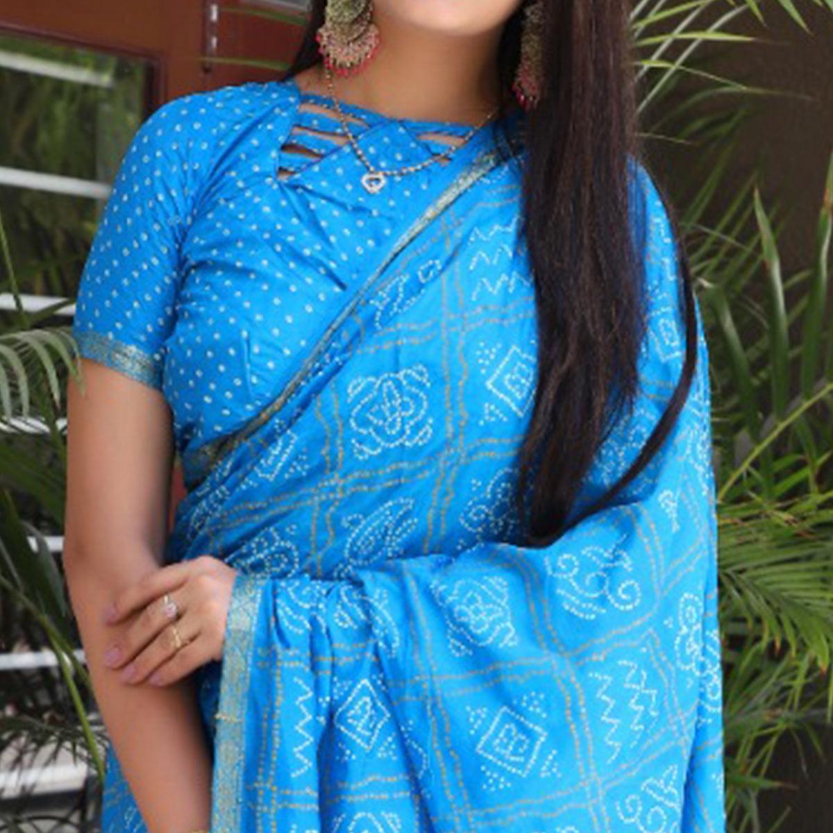 Blue Bandhani Printed With Woven Border Tapetta Silk Saree - Peachmode