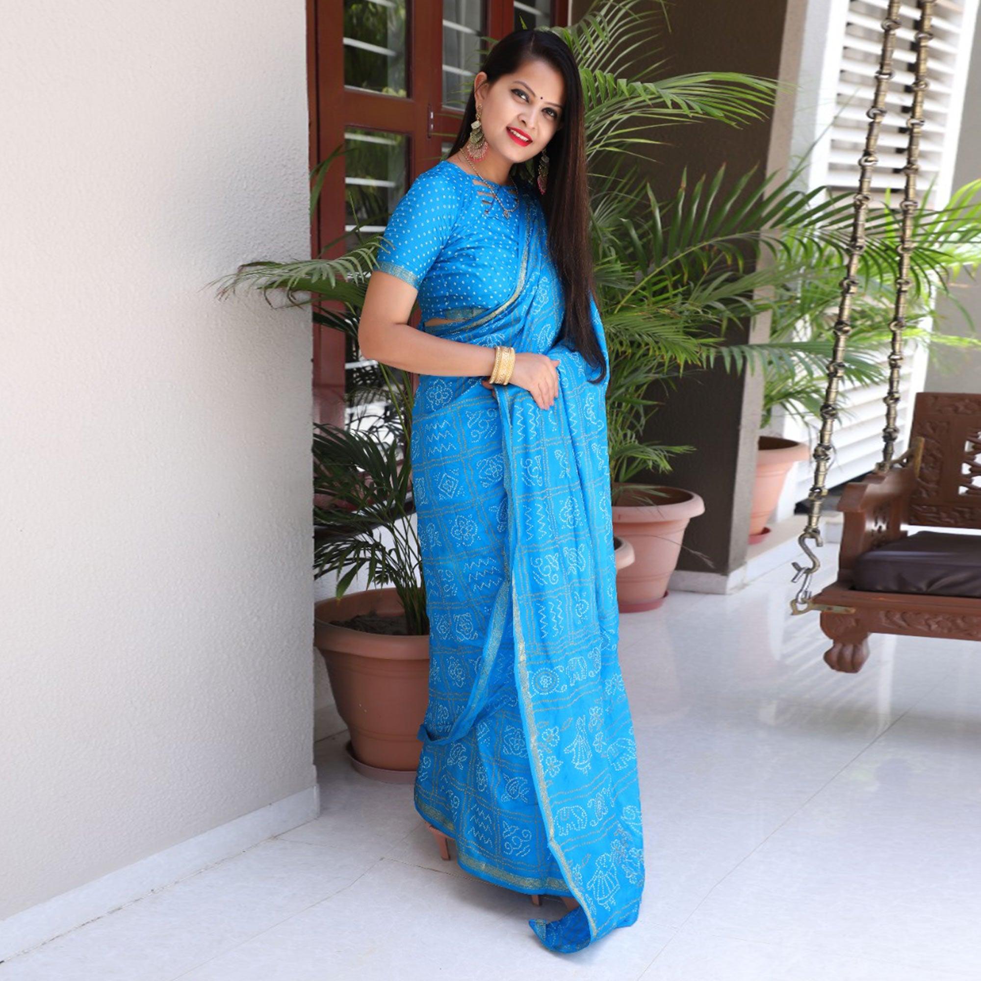 Blue Bandhani Printed With Woven Border Tapetta Silk Saree - Peachmode