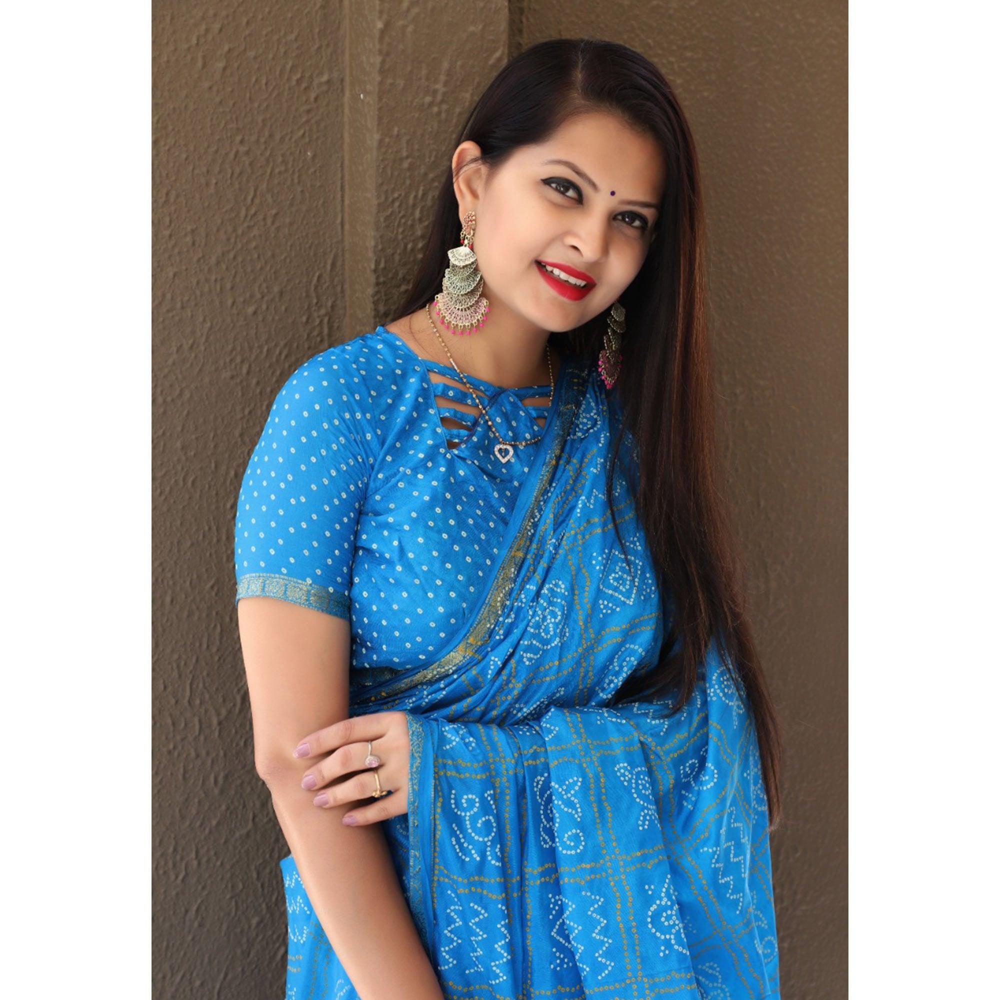 Blue Bandhani Printed With Woven Border Tapetta Silk Saree - Peachmode