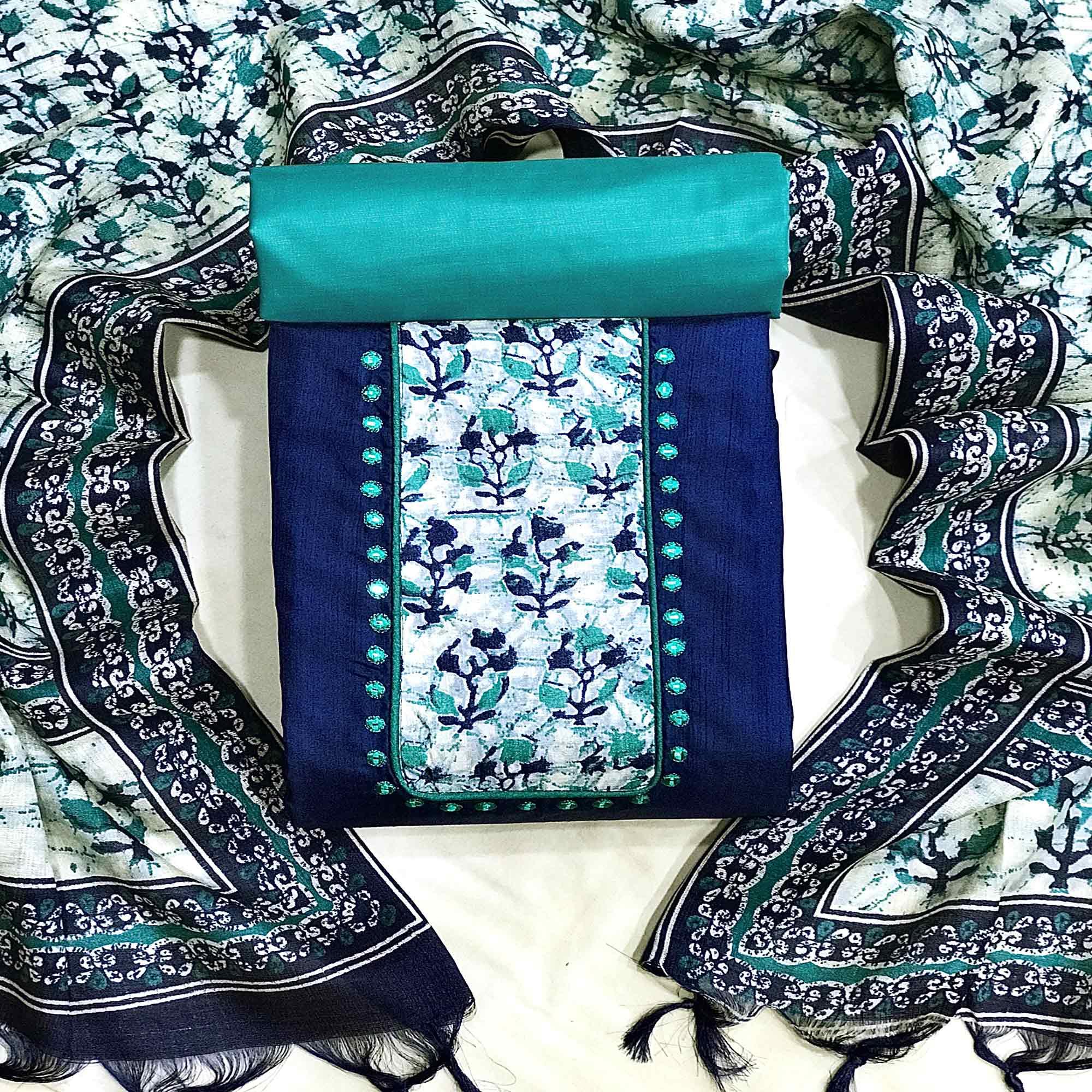 Blue Batik Printed Art Silk Dress Material - Peachmode