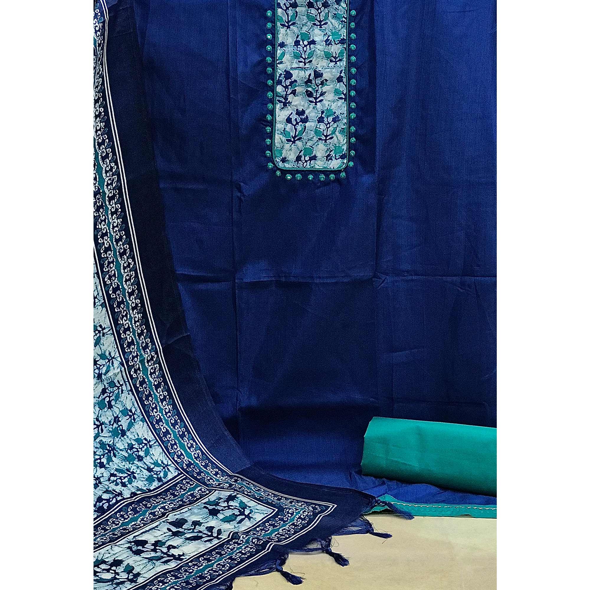 Blue Batik Printed Art Silk Dress Material - Peachmode