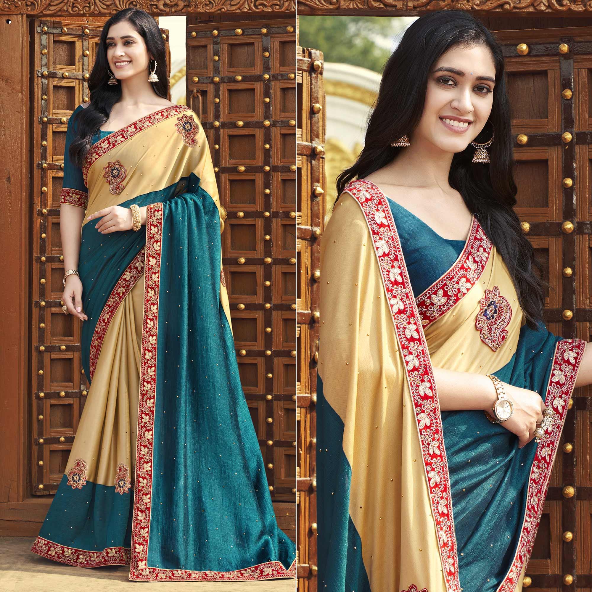 Blue-Beige Embroidered With Embellished Fancy Fabric Half & Half Saree - Peachmode