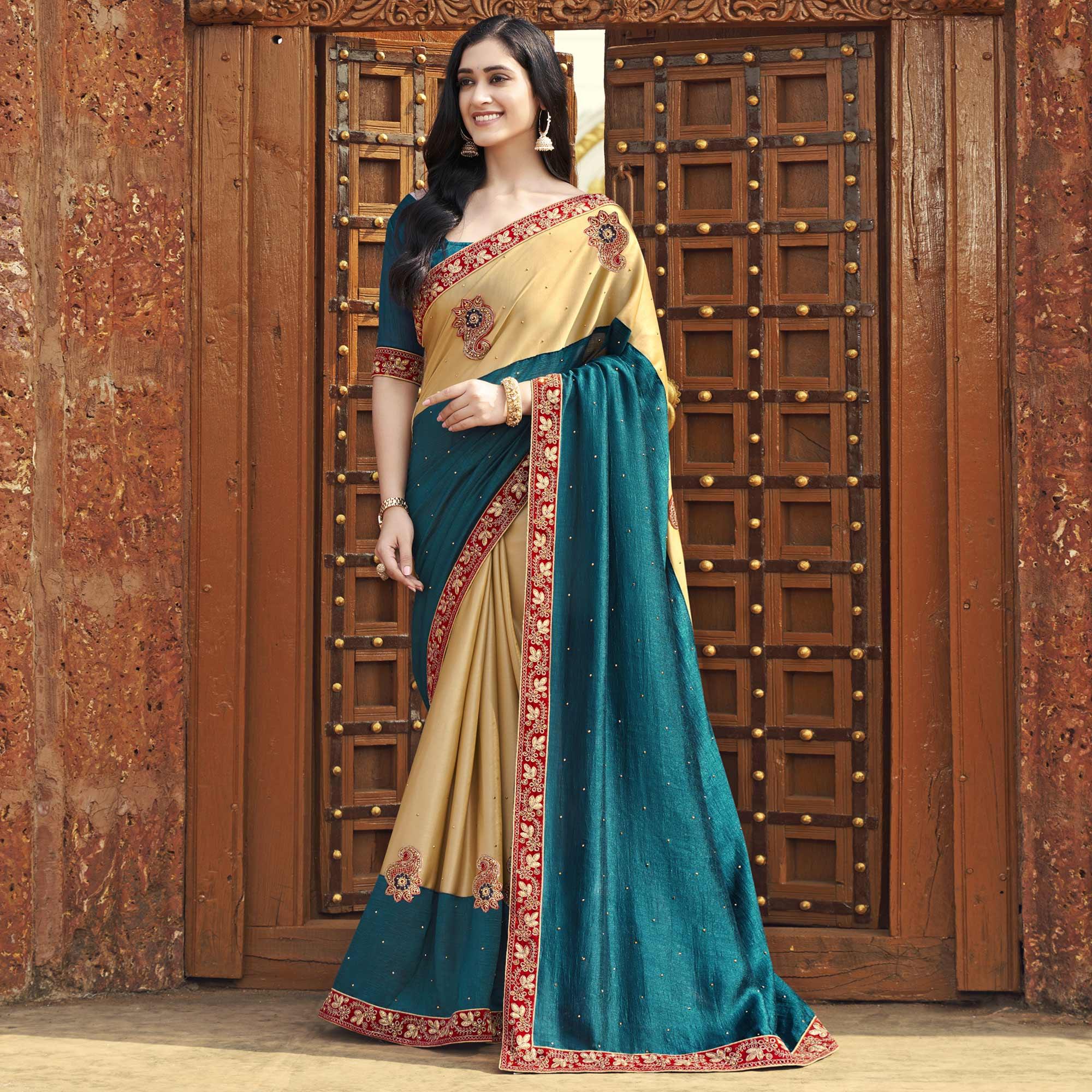 Blue-Beige Embroidered With Embellished Fancy Fabric Half & Half Saree - Peachmode