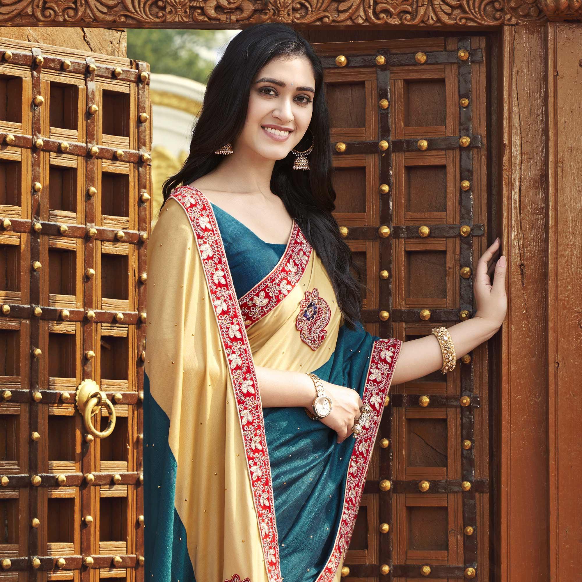 Blue-Beige Embroidered With Embellished Fancy Fabric Half & Half Saree - Peachmode