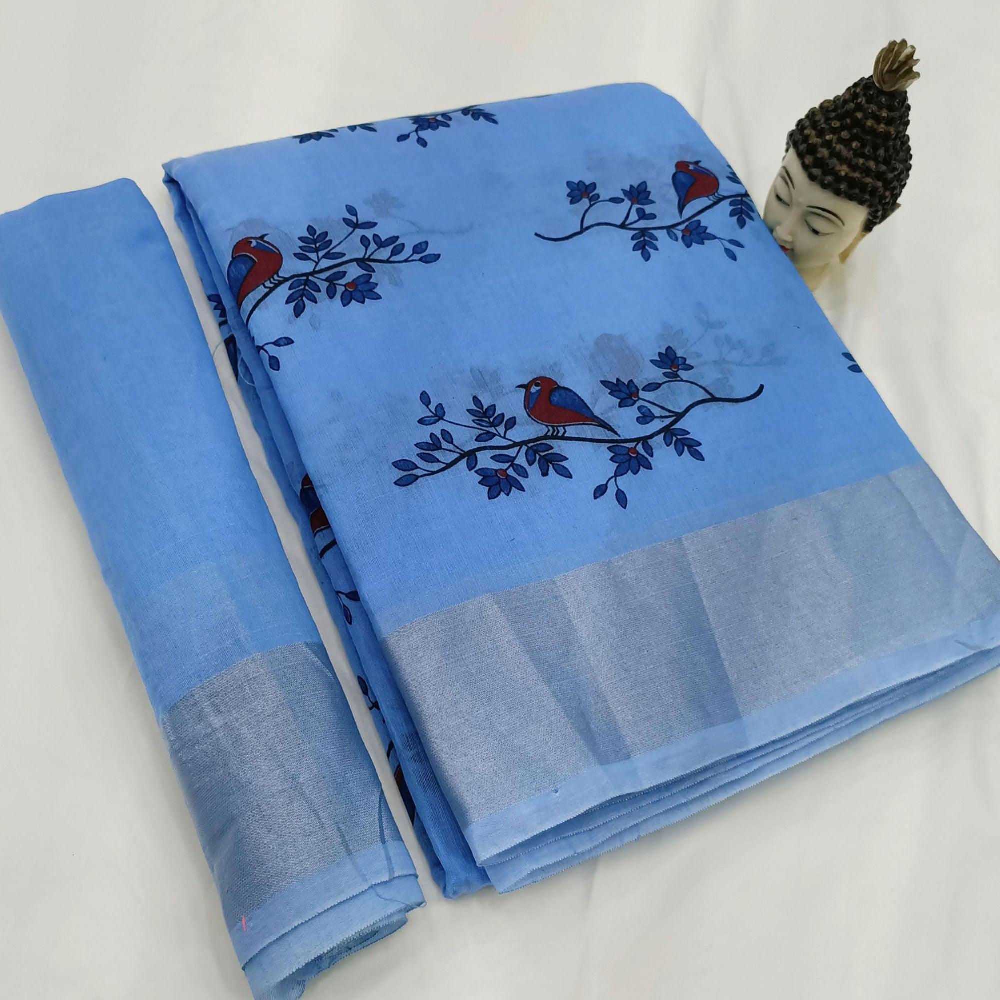 Blue Block Printed Linen Saree - Peachmode