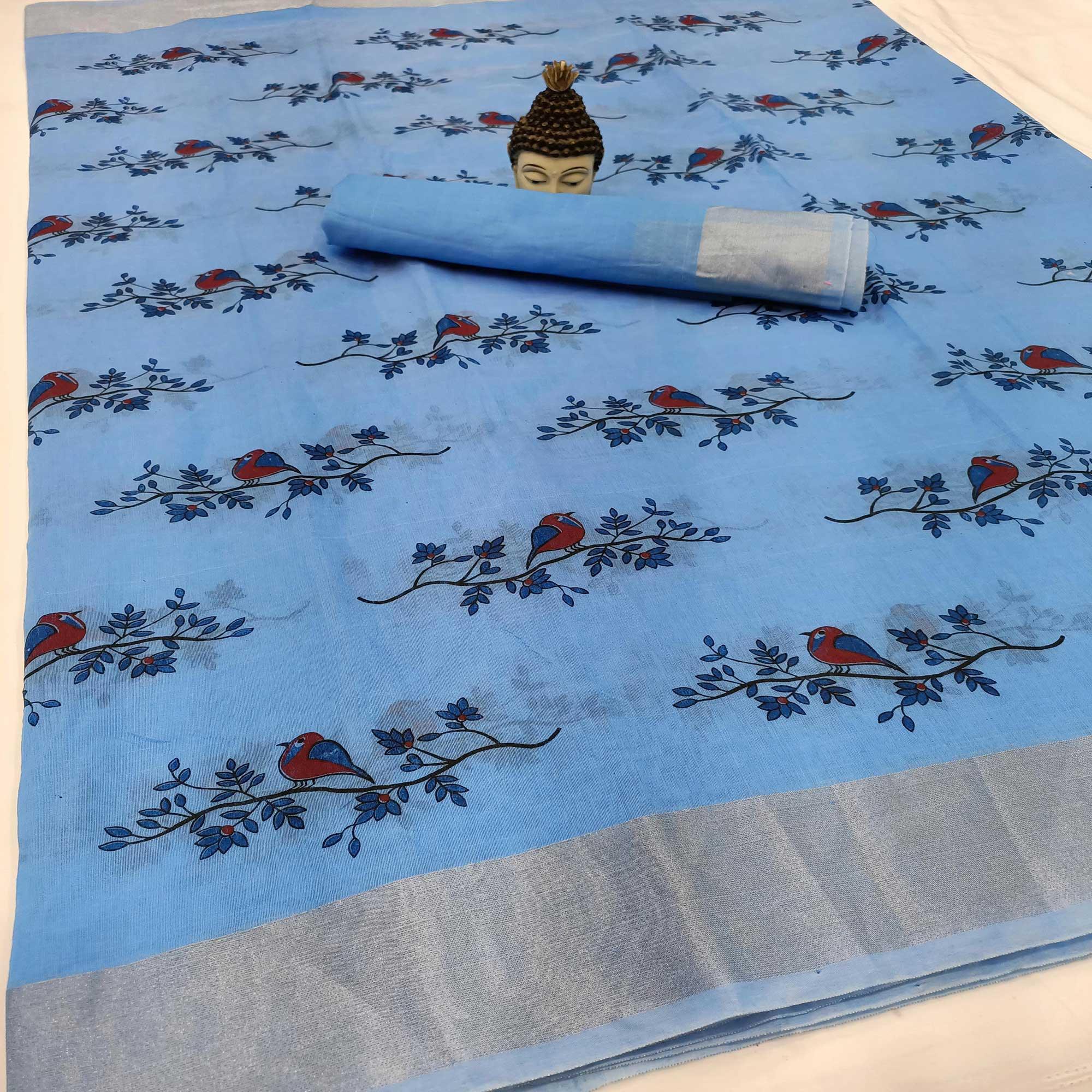 Blue Block Printed Linen Saree - Peachmode