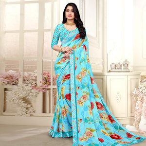 Blue Casaul Wear Floral Printed Georgette Saree With Satin Lace - Peachmode