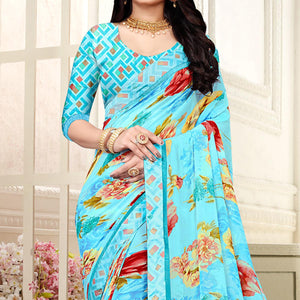 Blue Casaul Wear Floral Printed Georgette Saree With Satin Lace - Peachmode