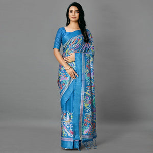 Blue Casual Art Silk Printed Saree With Unstitched Blouse - Peachmode