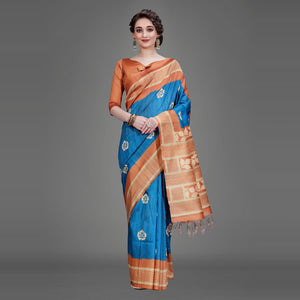 Blue Casual Art Silk Printed Saree With Unstitched Blouse - Peachmode