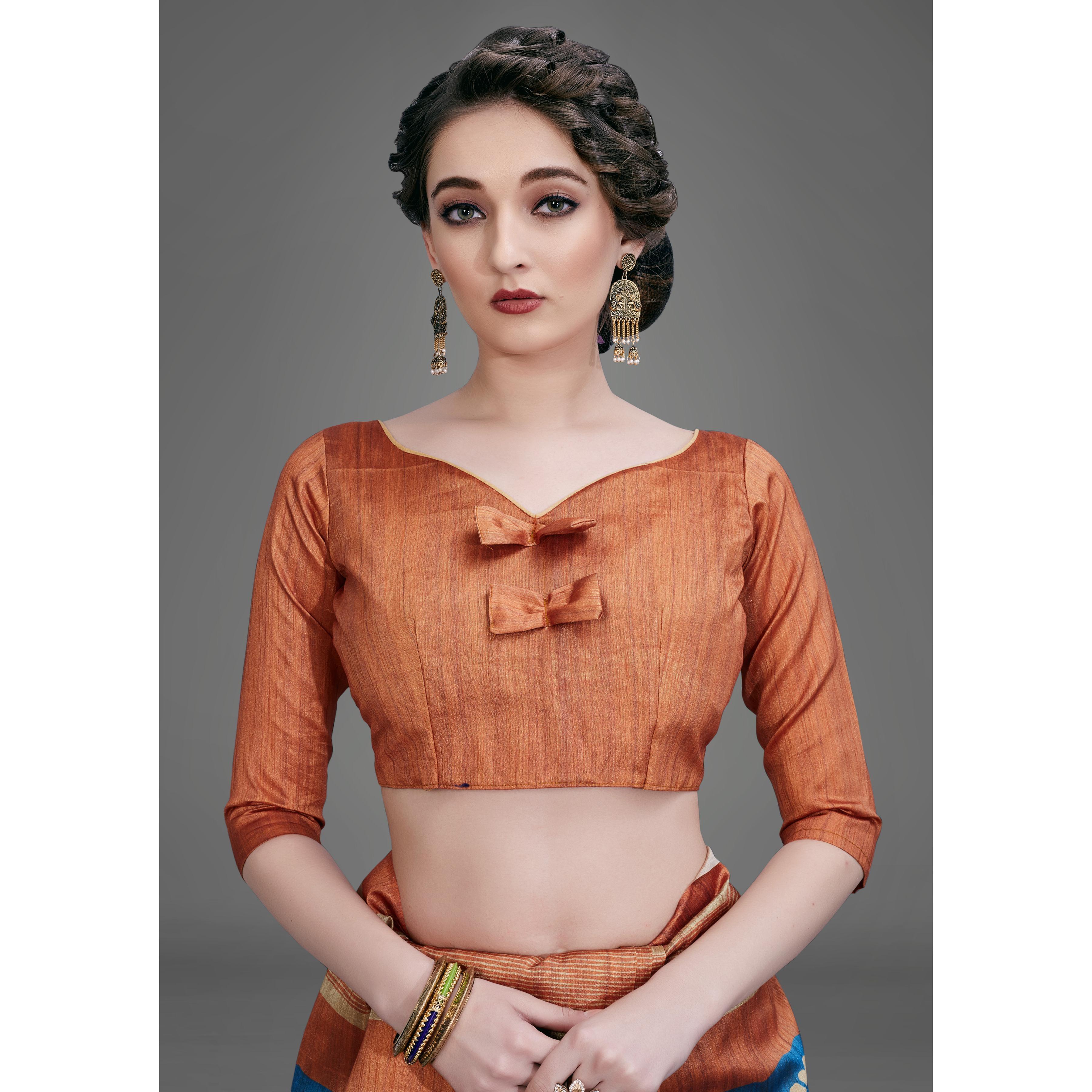 Blue Casual Art Silk Printed Saree With Unstitched Blouse - Peachmode