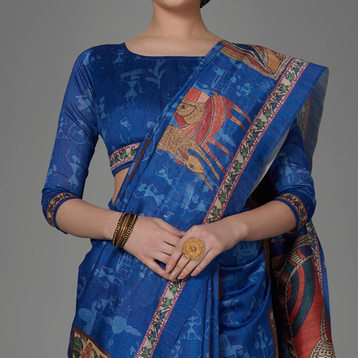Blue Casual Art Silk Printed Saree With Unstitched Blouse - Peachmode