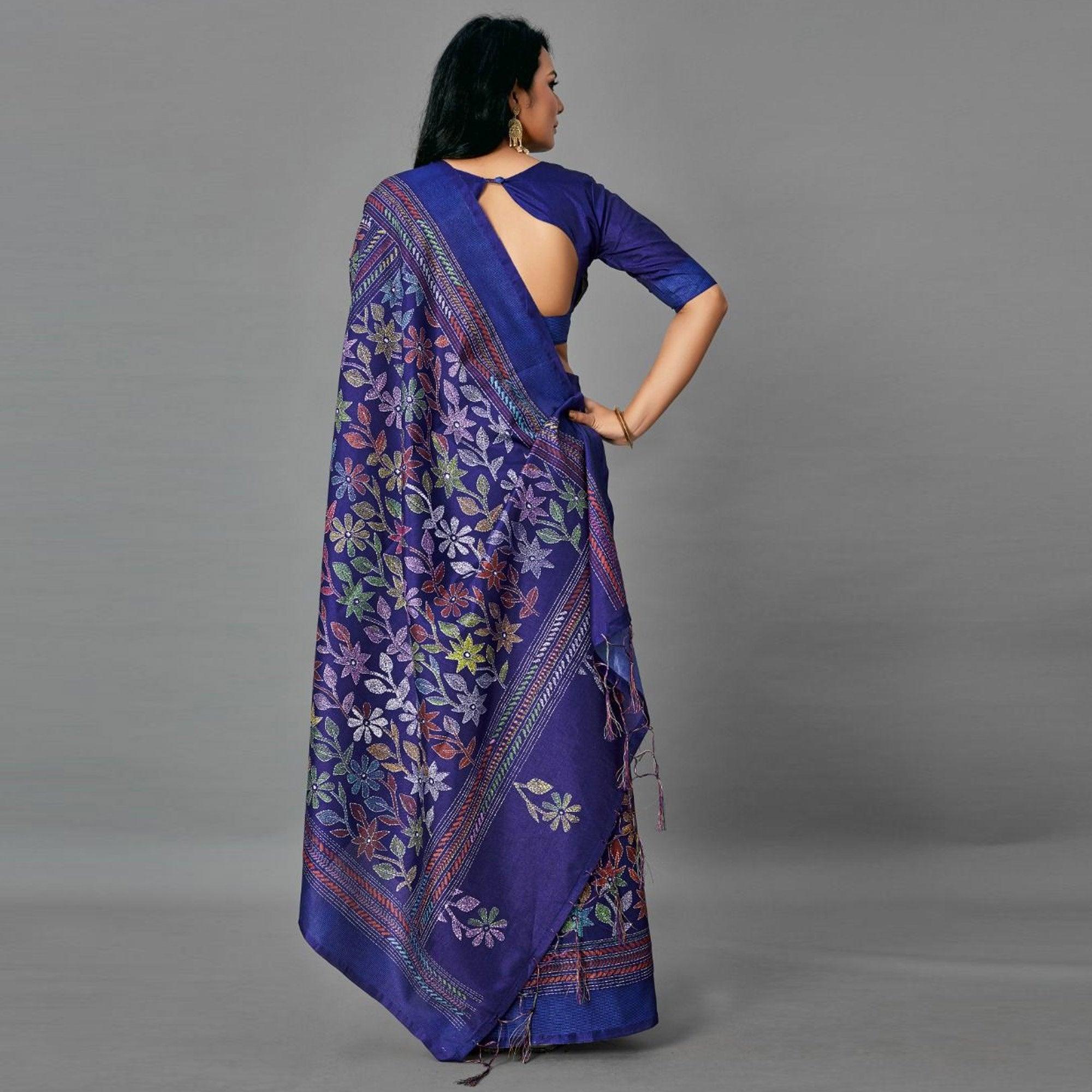 Blue Casual Art Silk Printed Saree With Unstitched Blouse - Peachmode