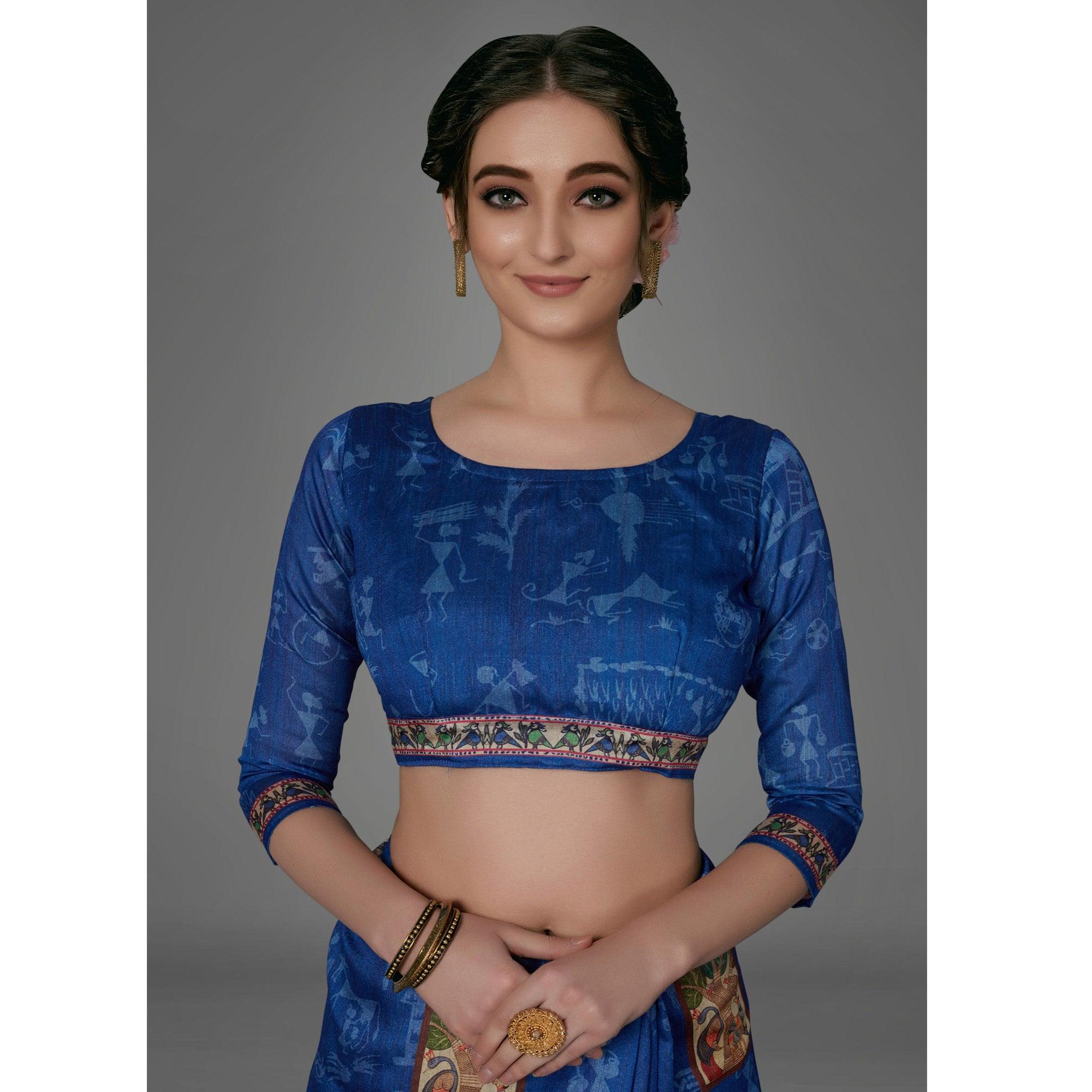 Blue Casual Art Silk Printed Saree With Unstitched Blouse - Peachmode