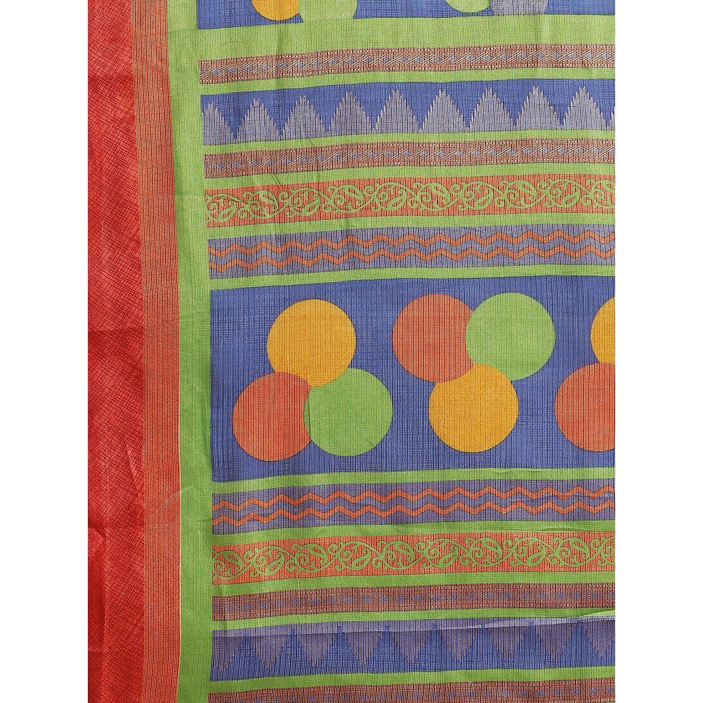 Blue Casual Brasso Printed Saree With Unstitched Blouse - Peachmode