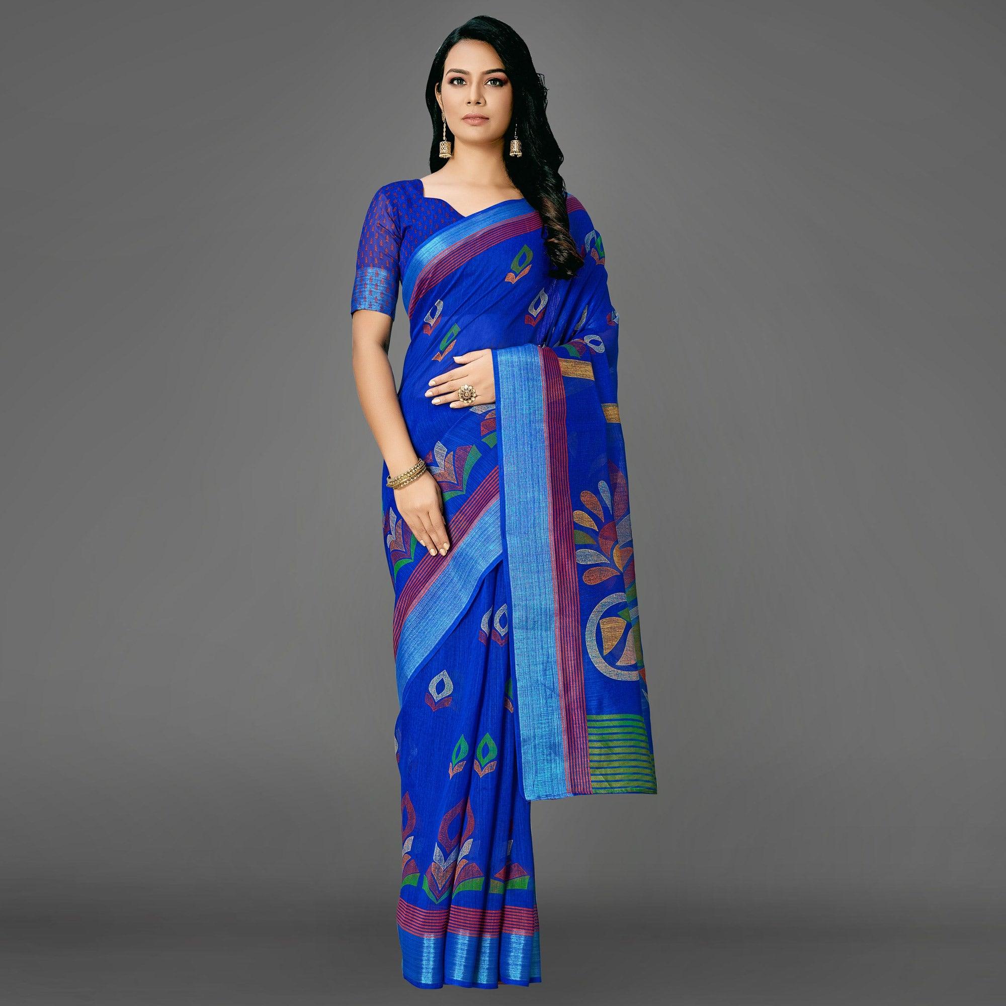 Blue Casual Cotton Printed Saree With Unstitched Blouse - Peachmode