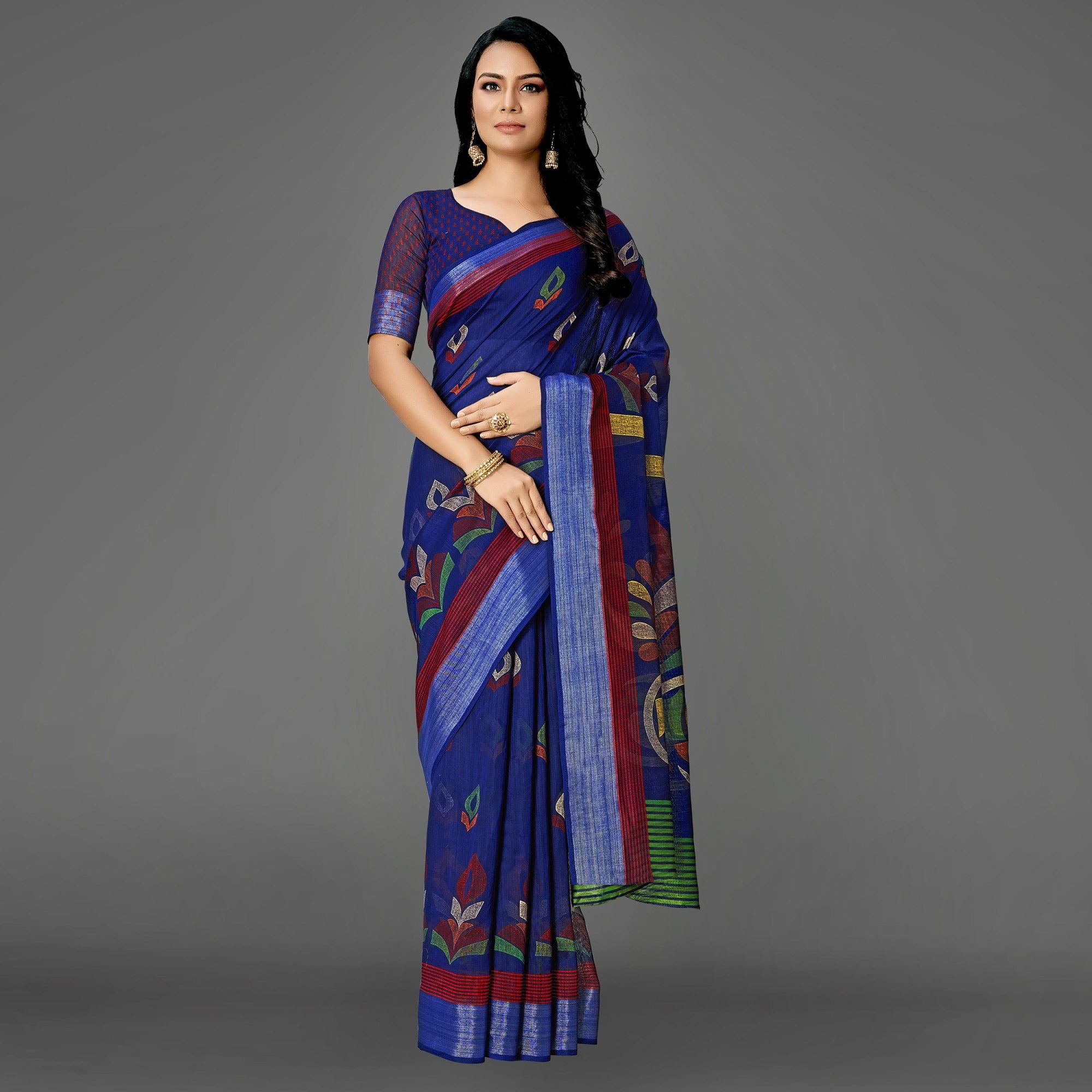 Blue Casual Cotton Printed Saree With Unstitched Blouse - Peachmode