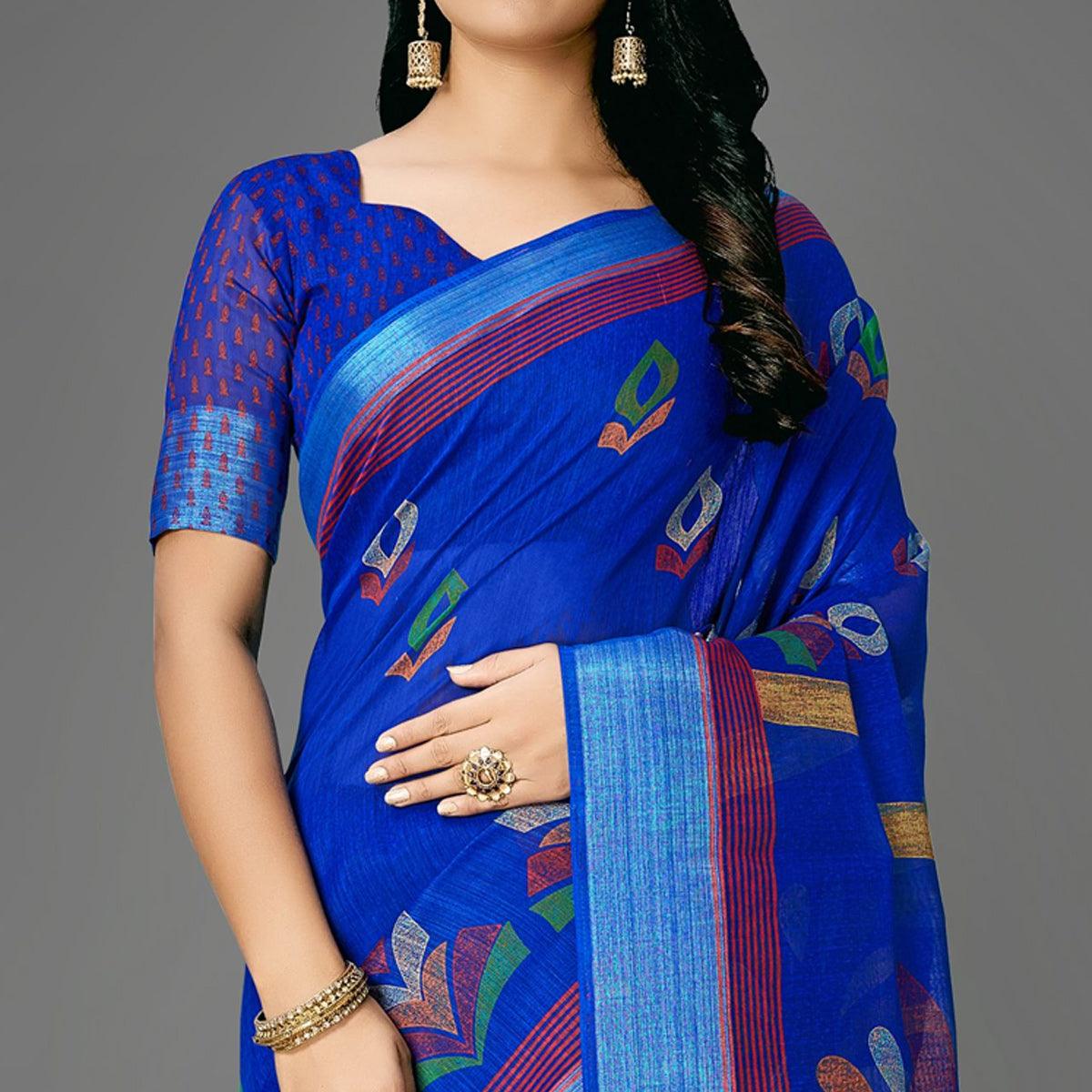 Blue Casual Cotton Printed Saree With Unstitched Blouse - Peachmode