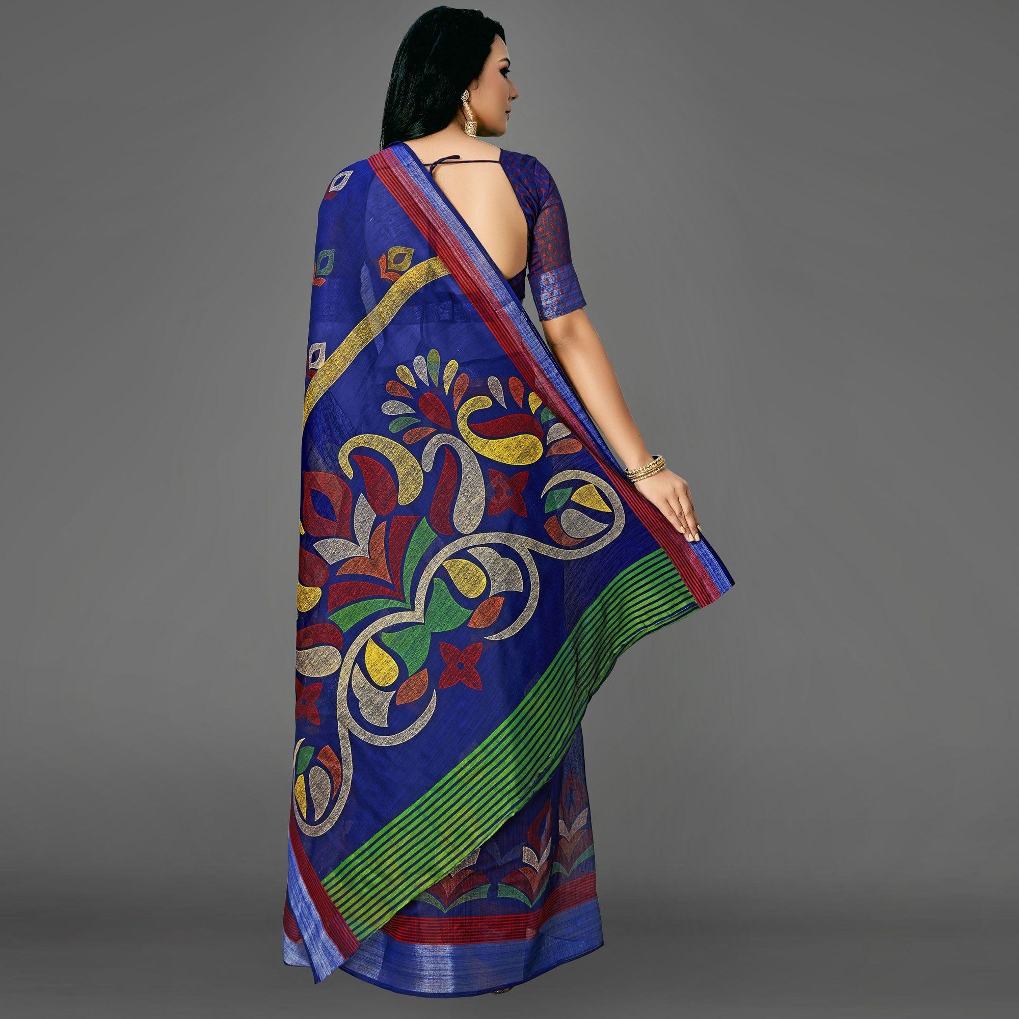 Blue Casual Cotton Printed Saree With Unstitched Blouse - Peachmode