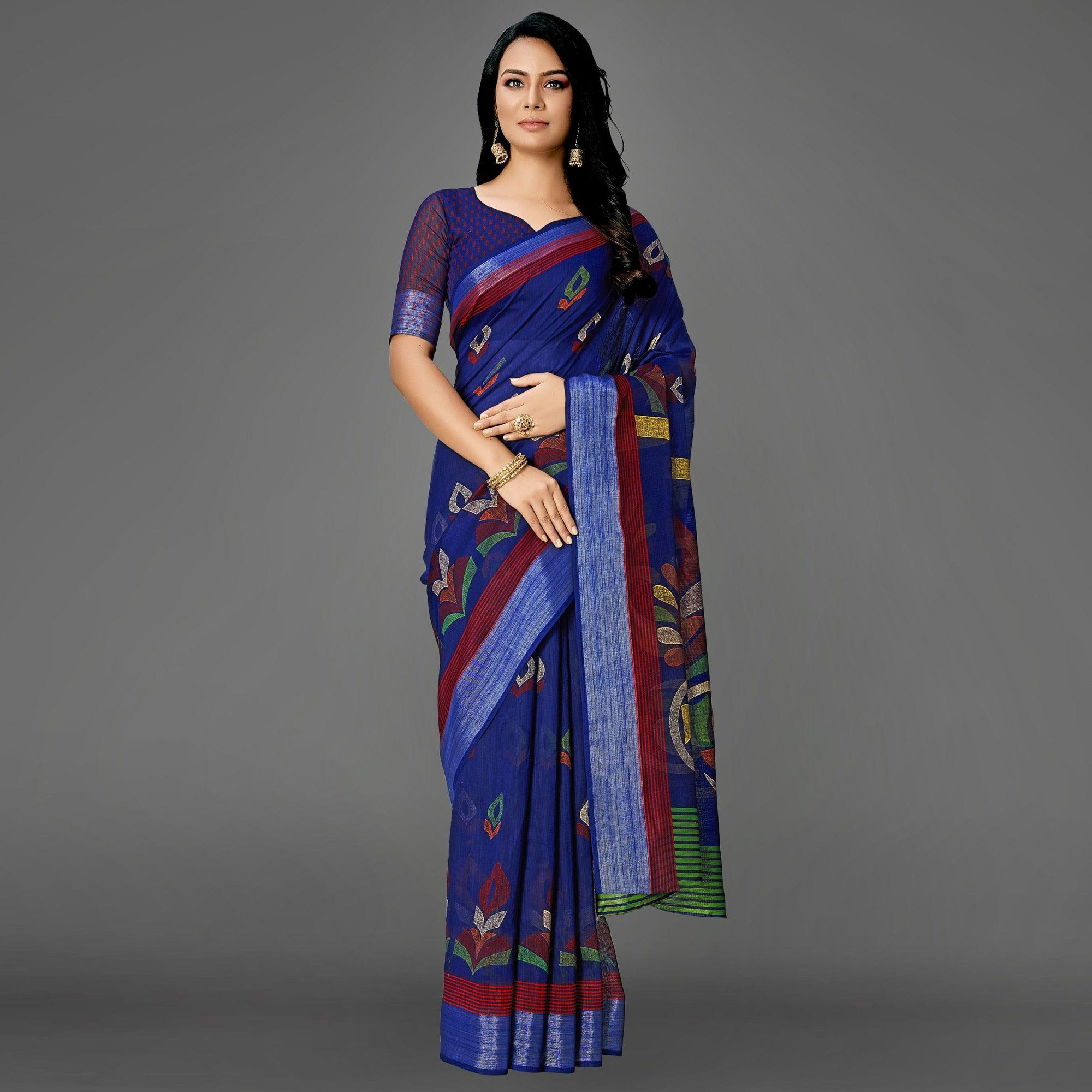 Blue Casual Cotton Printed Saree With Unstitched Blouse - Peachmode